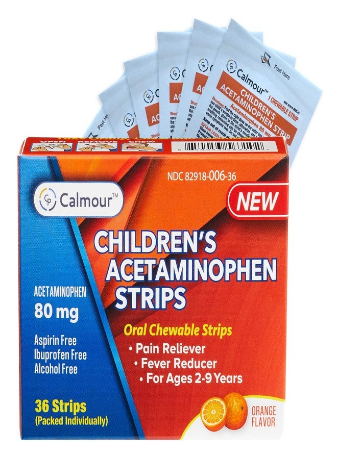CALMOUR Children's Acetaminophen 36 Strips | Pain Reliever & Fever Reducer | Fast-Acting Support for Cold & Flu Symptoms | Oral Chewable Strips for Kids Ages 2-9 | Travel Size, Orange Flavor - Image 1
